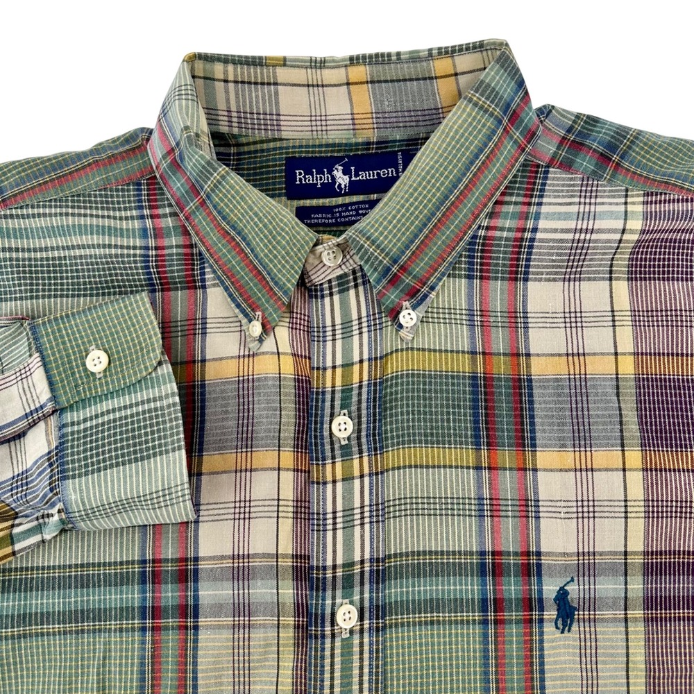 VTG Ralph Lauren Mens XL Plaid Button Shirt Hand Woven Cotton Multi Color Pony
